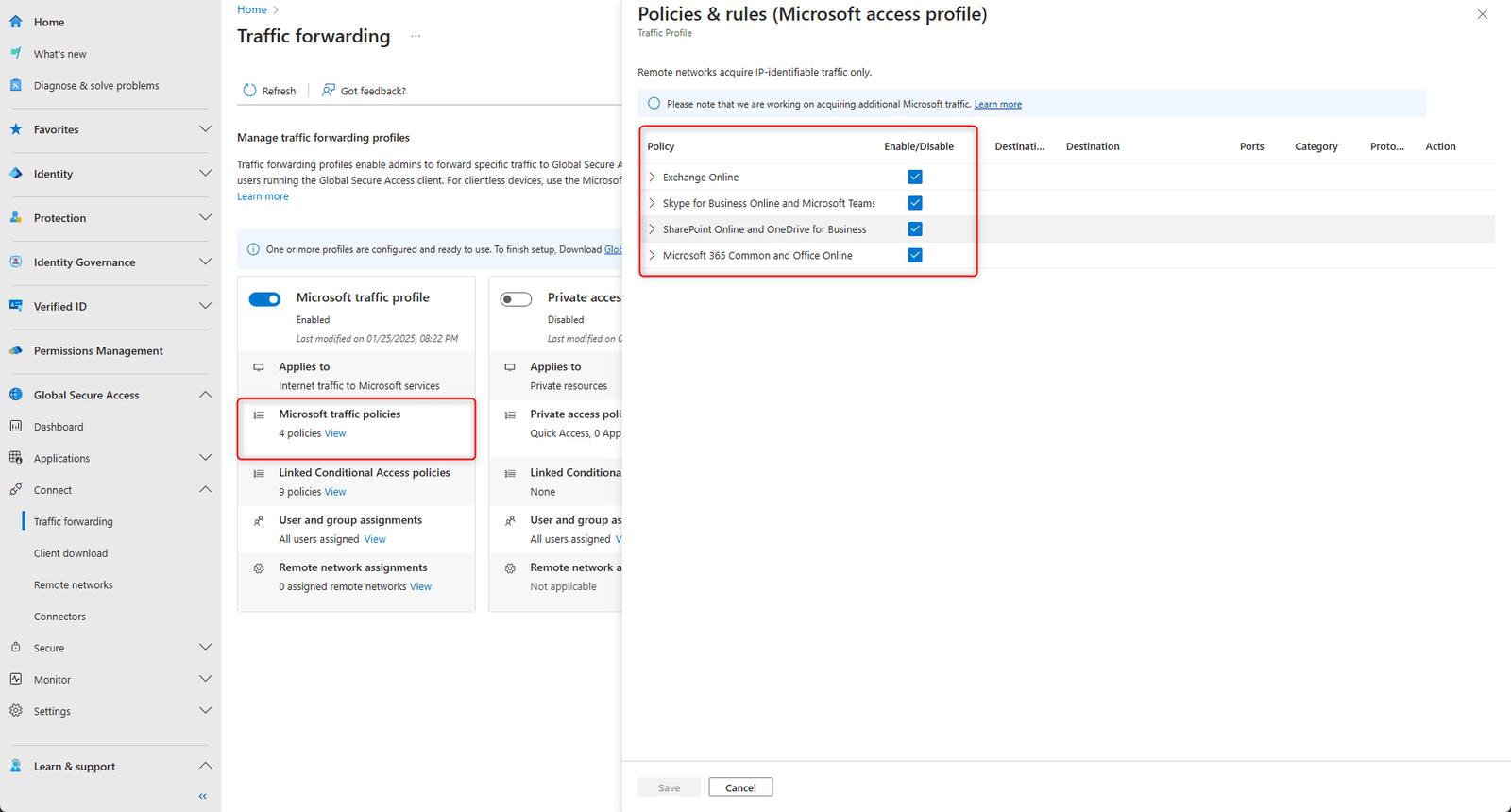 Global Secure Access: Microsoft traffic profile policies and application list